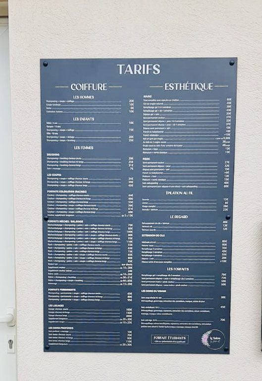 Plaque de tarifs coiffure et esthétique