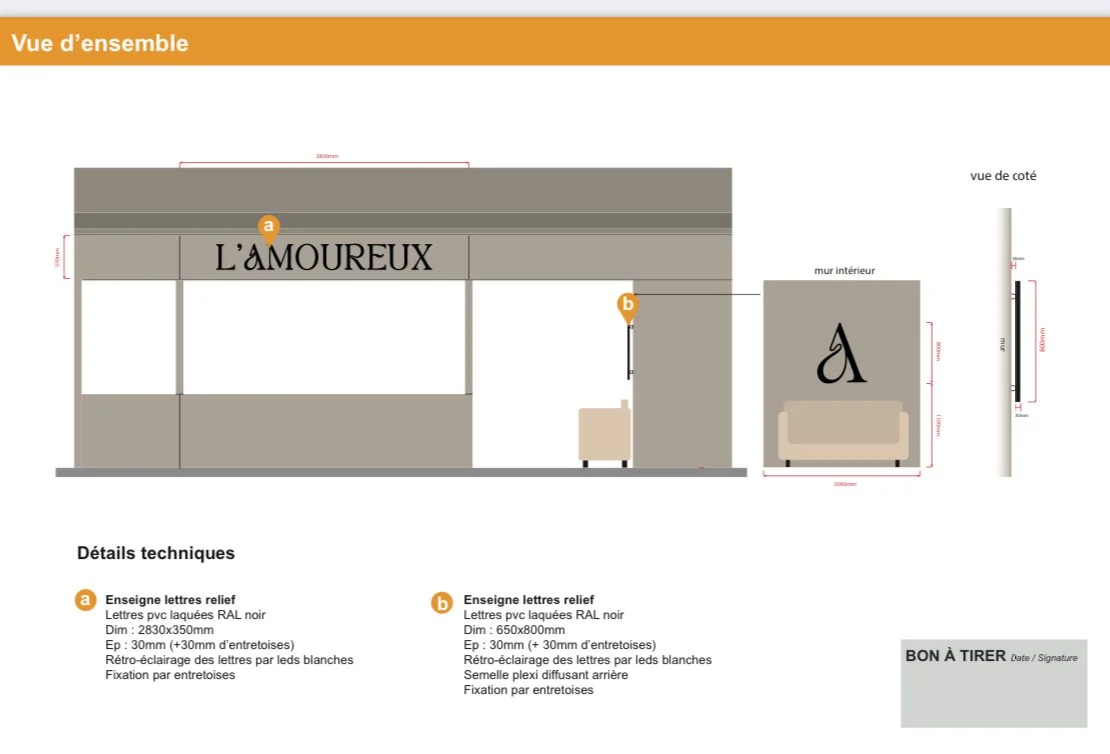 Plan d’implantation du lettrage extérieur et du monogramme intérieur L’Amoureux