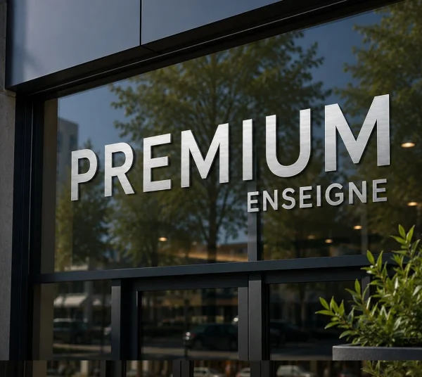 enseigne dibond brossés argent vitrine