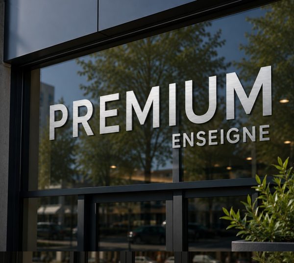 enseigne dibond brossés argent vitrine