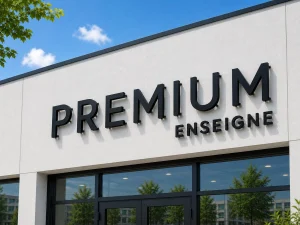 Lettres PVC noires fixées sur entretoises en façade blanche