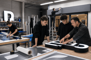 Des artisans fabriquent et installent une enseigne lumineuse dans un atelier