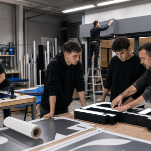 Des artisans fabriquent et installent une enseigne lumineuse dans un atelier