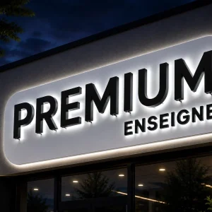 enseigne lettres découpées PVC avec rétroéclairage et tole tablette découpée à la forme nuit blanche