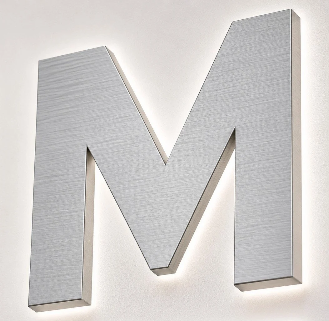 enseigne lettres plexi + dibond brossé M – fabrication d’enseigne pour revendeurs