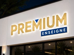 Enseigne en lettres plexi avec face Dibond or rétroéclairées sur façade blanche