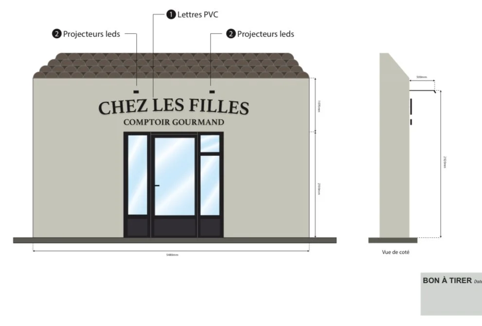 Plan de façade avec projecteurs et lettres PVC Chez les Filles