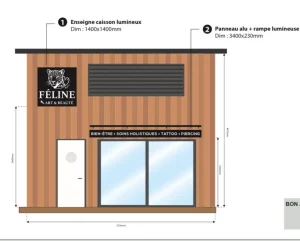 Plan de façade avec emplacement de l'enseigne caisson et du bandeau Féline